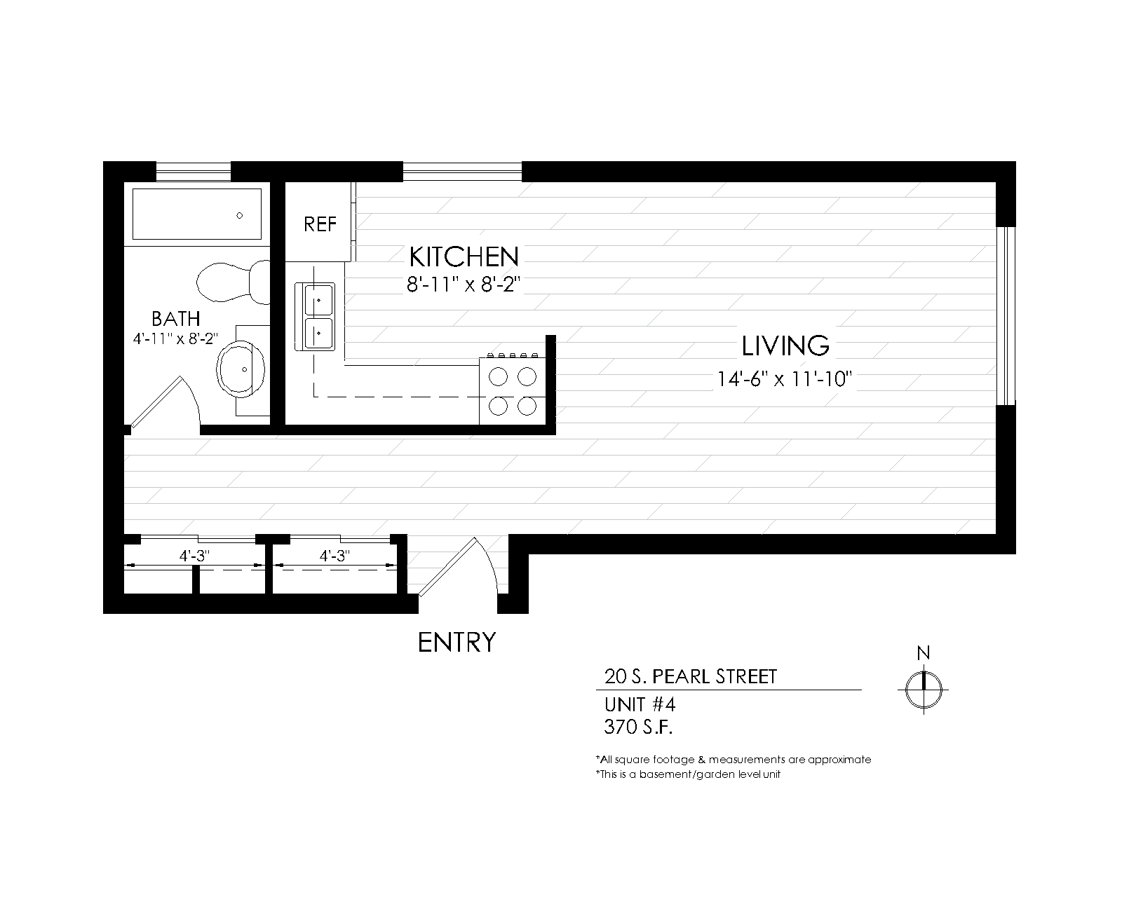 Floor plan for studio, 1 bath, 370 sqft